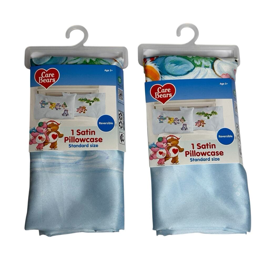 Care Bears Holiday Blue Reversible Silky Satin Pillowcase Standard Size 2 Pack